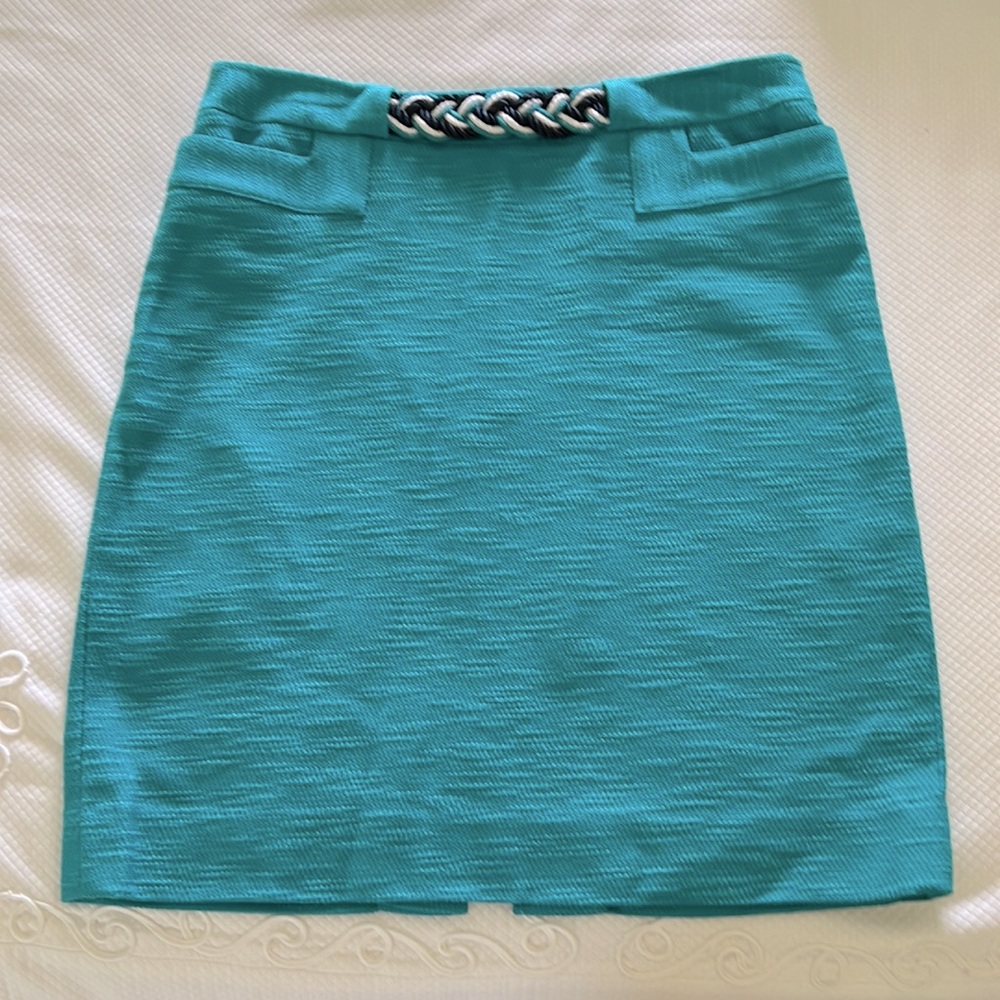 Etcetera Turquoise Cotton Pencil Skirt w removable belt accent Size 8